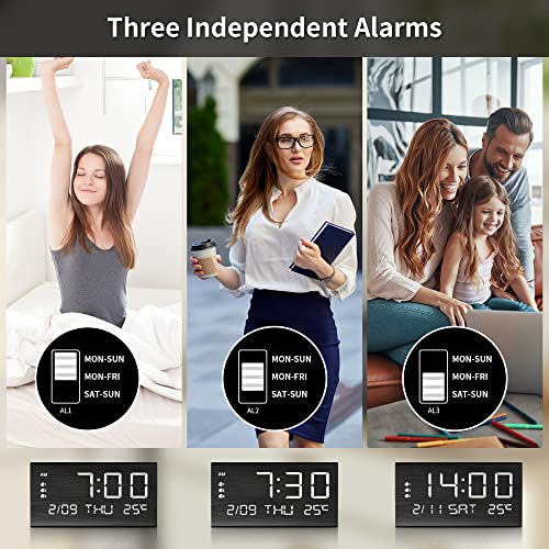 Jall Digital Alarm Clock, With Wooden Electronic Led Time Display, 3 Alarm Settings, Weekday/Weekend Mode, Temperature Detect, Wood Made Electric Clocks For Office, Bedroom, Bedside (Black) #TOP3