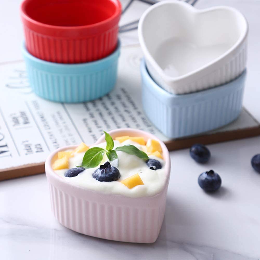 Juego de 4 ramequines de cerámica azul con forma de corazón de 4 onzas, cuenco de postre para hornear pasteles, mermeladas, soufflé, crema brulee, kit de utensilios de cocina para hornear con tazas de