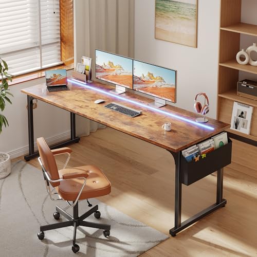 Image of DurayLoly 71 inchComputer Desk with LED Lights, Large Office Desk for 3 monitors or 2 laptops,Long Desk with Storage Bag&Headphone Hook for Study Writing Work Gaming Desk,Sturdy Metal Frame,Bedroom,Brown