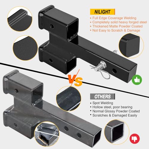 Image of Nilight Trailer Dual Hitch Extender for 2 Inch Receiver with 2 inch 4 inch Rise or Drop with Bolt Nut Clip 10,000 lbs Capacity Adjustable Extend 8 inch 10 inch Length Matte Black Powder Coated
