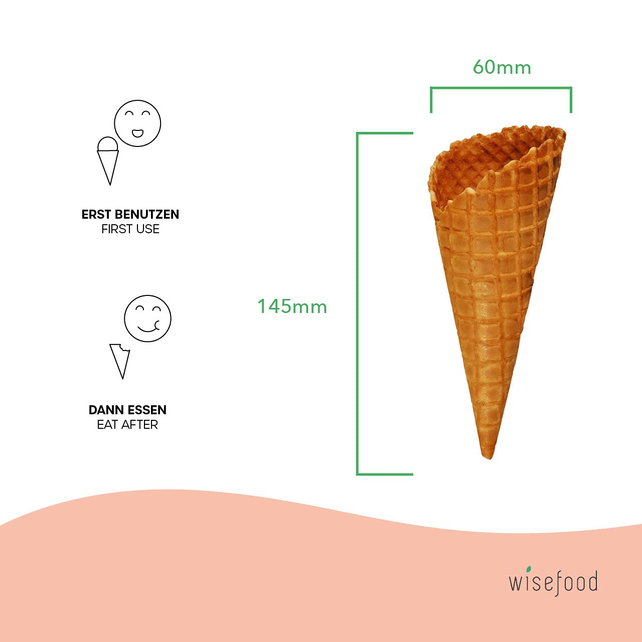 Wisefood Waffelhörnchen - 282 Stück essbare Eistüten 14,5cm ∅ 6cm - Süße Waffeltüten vegan für 1-2 Kugeln Eis - Knusprige Eishörnchen in bester Eisdielen Qualität
