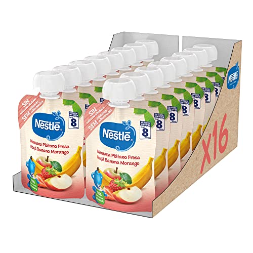 Nestlé Papillas Bolsita Puré Manzana, Plátano Y Fresa, A Partir De Los 8 Meses, 90 G - Pack 16 bolsitas 90g