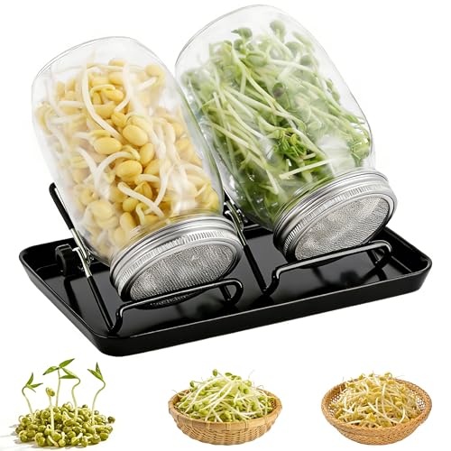HuaCommerce Sprossenglas 2er Set mit 1000ml Gläsern Edelstahl 304 Siebdeckel & Schale Brokkoli Kresse & Co. selbst ziehen Umweltfreundliches Keimglas für gesunde Heimkeimung inkl. Ständer