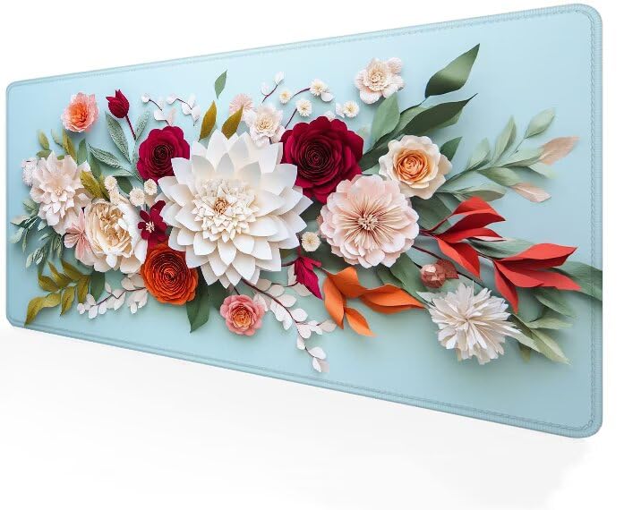 Sous-main souris à bords cousus haut de gamme 900x500mm durable et confortable modèle floral blanc