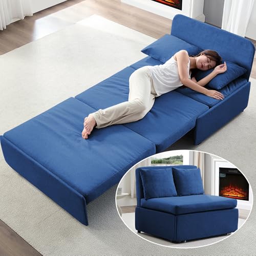Image of BALUS 43 inch Width Twin Pull Out Sofa Bed Sleeper Couch with Pullout Beds, 2 in 1 Convertible Linen Sleepers Sofa Single Chair with Pillows and 3.9 inch Foldable Mattress for Small Space Apartment Loft, Blue