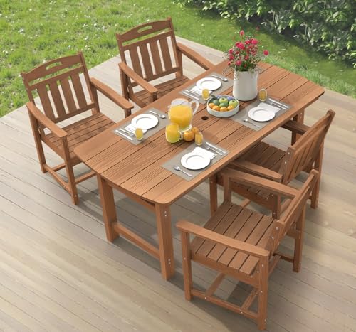 Image of Ciokea HDPE Outdoor Dining Set, 5-Piece Patio Table and Chairs Set with Umbrella Hole, All-Weather Patio Dining Sets for 4, Durable Patio Furniture for Backyard, Garden, Lawn & Poolside, Teak