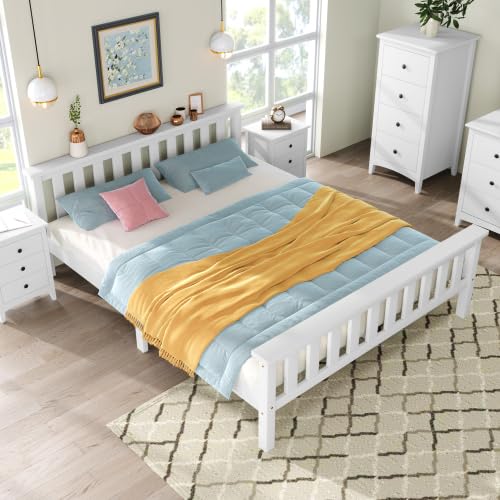 Merax Wooden Double Bed Frame 135x190cm, Solid Pine 4FT6 Double Bed with Headboard and Footboard, White Wooden Bed Frame for Adults, Teenagers & Kids, Durable Double Wooden Bed