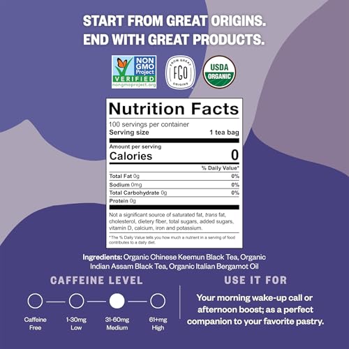 Image of FGO Organic Earl Grey Black Tea, 100 Count, Eco-Conscious Tea Bags, Resealable Bag, Packaging May Vary (Pack of 1)