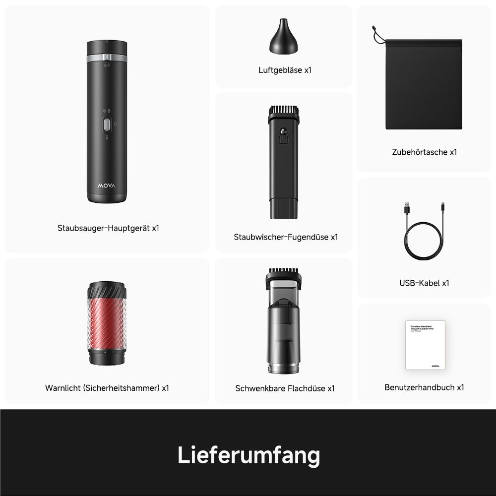 Mova H10 Multifunktionaler Handstaubsauger, 18.000Pa Saugkraft mit Magnet-Warnlicht, Sicherheitshammer, Taschenlampe, 3-in-1 Mehrzonen-Reinigung, 450g, 2 Modi, Sichere Verwahrung bis zu 75°C