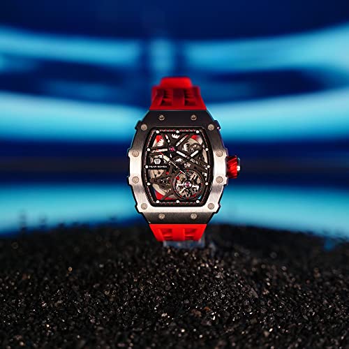 Image of TSAR BOMBA Men's Automatic Watch Tonneau Luxury Skeleton Watches for Men Mechanical 50M Waterproof Analogue Watches Mens Unique Cool Square Big Face Dial Wristwatch with Silicone Strap Band