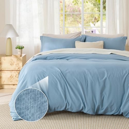 Image of Bedsure Textured Duvet Cover Queen Size - Cotton-Like Polyester Jacquard Duvet Cover Set for All Seasons - 3 Pieces Elevated Dobby Ultra Soft Bedding Set, NO Comforter (Chambray Blue, Queen, 90 inchx 90 inch)