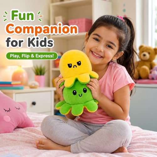 Image of Reversible Octopus Plush Toy 18 cm | Flip Mood Soft Toy | Double-Sided Happy & Angry Expression | Super Soft Stuffed Animal Plushie | Cute Kids Gift, Stress Relief Toy, Home Decor (Green - Yellow)