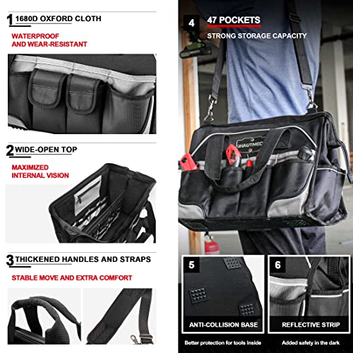 Image of HAUTMEC 16 inch 47-Pockets Tool Bag, Heavy-Duty 1680D Wide Mouth Tool Organizer with Reinforced Hard Base, Padded Shoulder Strap - HT0183