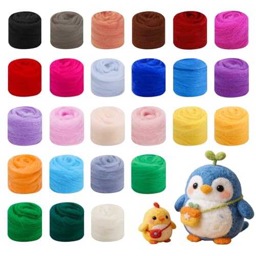 25 Colores Lana De Fieltro Para Felting – Kit Inicio Con 3 G Por Color, Aguja Incluida, Lana Cardada Para Seco Y Húmedo, Manualidades Navidad Y Tricot