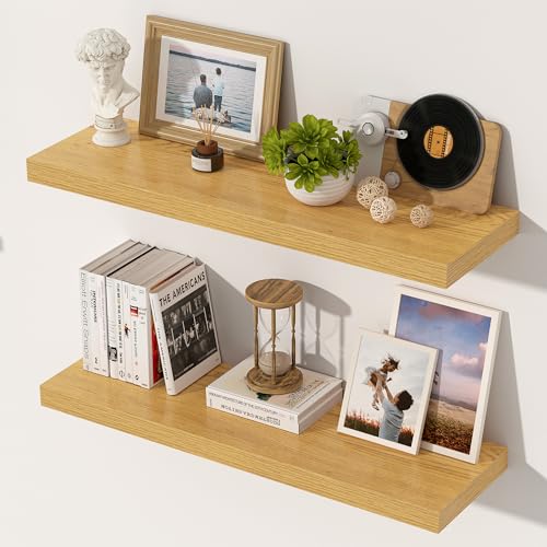 Image of 24 Inch Floating Shelves, 12 Inch Deep Floating Shelves for Wall, Extra Deeper & Thicker Wooden Wall Shelf with Invisible Brackets, Shelf for Bedroom Living Room Home Decor(Oak, Set of 2)