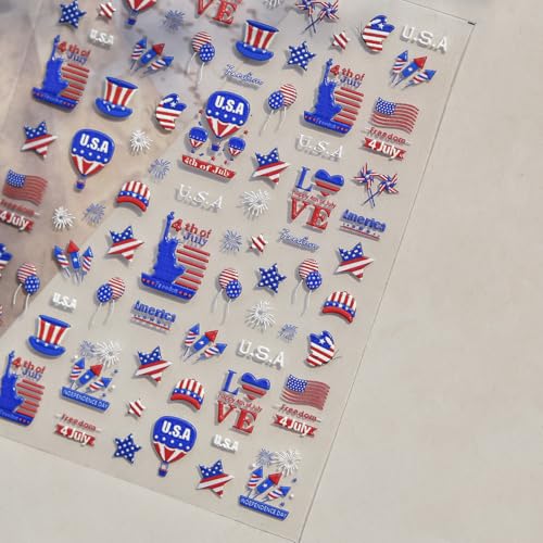 Image of Independence Day Nail Art Stickers Statue of Liberty Nail Stickers Red Blue Nail Art Decals 5D Embossed Self Adhesive with Firework Design for Women Girls Kid Manicure Supply Decoration Accessories