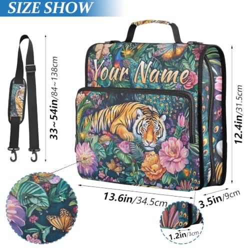 Image of Custom 3 Ring Zipper Binder Tiger Flowers Personalized Name 1.5 Inch Binders Large Capacity Multi Pockets for School Office Supplies