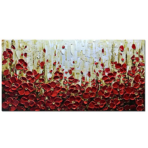 Metuu Modern Canvas Paintings, Texture Palette Knife Red Flowers Paintings Modern Home Decor Wall Art Painting Colorful 3D Flowers Wood Inside Framed Ready to hang 24x48inch