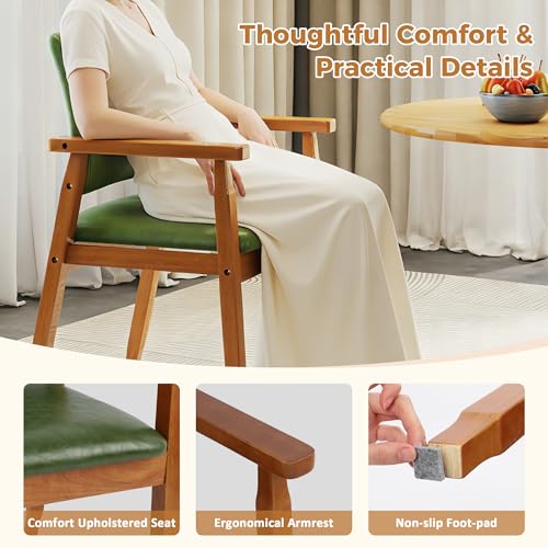 Image of NOBPEINT Mid-Century Modern Dining Chairs with Armrest Set of 2, PU Leather Upholstered Dining Room Chairs with Solid Wood Frame, Walnut Kitchen Armchairs for Kitchen Living Room Restaurant, Green