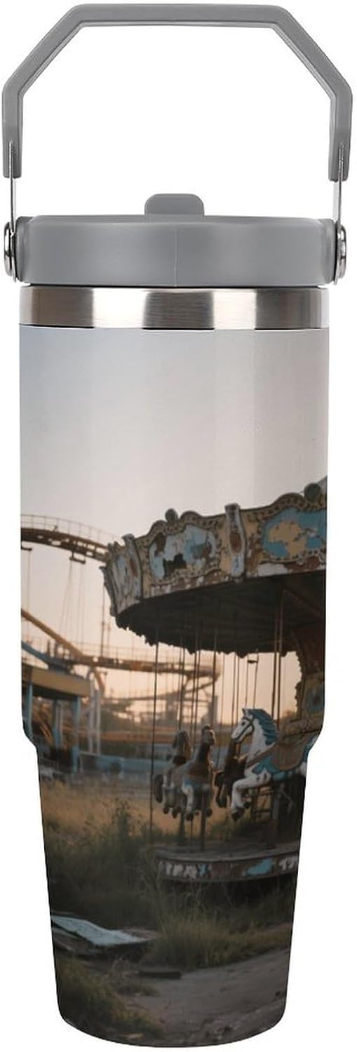 30 Oz Insulated Mug with Handle Lid And Straw Merry-go-round Pattern Large Metal Sports Bottle Great for Gifts Parties Office Coffee