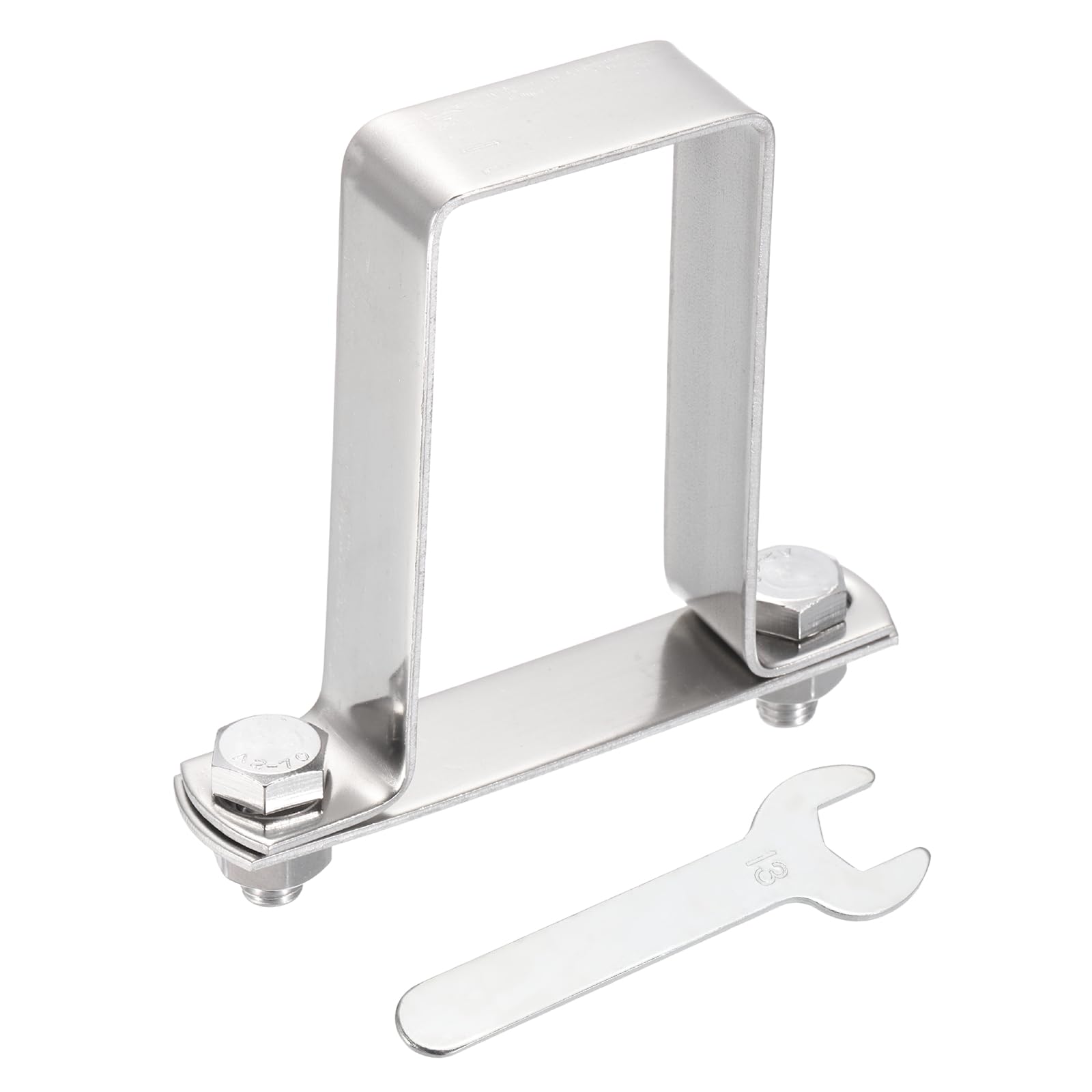 sourcing map U Shape Square Tube Clamp, 40x80mm U Shaped Bracket 304 Stainless Steel Square Strap Clamp with Bolt Plate Nuts and Wrench for Pipes Door Closed Bar Holder Railings
