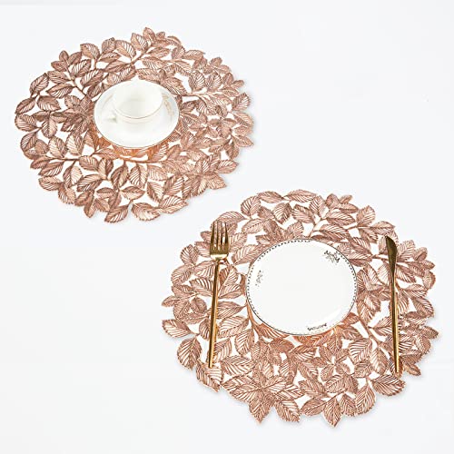 Crisjanggo Rose Gold Placemats Set Of 6 Metallic Leaf Round Placemats Non-Slip Wipeable Table Mats For Dinner,Party,Home Decoration Wedding Accent Centerpiece #TOP2