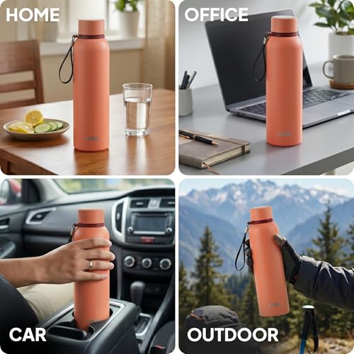 Image of CELLO Duro Kent Gen-X Stainless Steel Flask 520ml Peach | Wide Mouth with Carrying Loop, Leak Proof Double Wall Vacuum Insulated Hot and Cold Flask Water Bottle For Office Gym Biking Outdoor Hydration