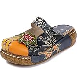  HAIWILL Damen Sandalen Leder Sommer Mokassin Hausschuhe Vintage Blume Slipper Plattform Pantoletten Sandalen mit Absatz Leder Kork Sandalen Flip Flops Strandschuhe (36 EU ~ 42 EU)