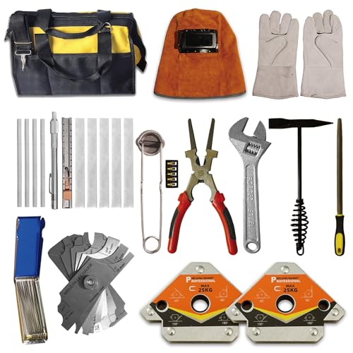 EDIETH 25Pcs Welding Tools Kit Welding Accessories Chipping Hammer Leather Gloves,Welding Helmet, Soapstone Holder, Welding Magnet, Torch Striker, Wire Brush, Fillet Gage Pliers Wrench Half Round File