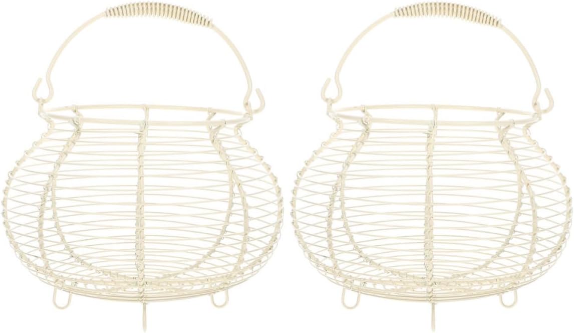 Vintage Wire Chicken Egg Basket with Handle, 2pcs White Iron Wire Fresh Egg Storage Baskets for Kitchen Countertop Organizer and Fruit Vegetable Holder