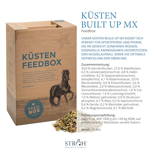 STRÖH Küsten Build up MX (30 kg Feedbox) • Hochwertiges Aufbaumüsli • Ideal für Sport- & Turnierpferde • Pferde Müsli mit Vitamin E, A, B12, D3, Biotin, etc. • Pferdefutter Müsli