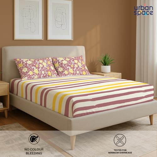 Image of Urban Space 144 TC Divine 100% Cotton Bedsheet for Double Bed with 2 Pillow Covers, Queen Bedsheet (Size 90 x 100 inches, Streak Muddy Pink, Double)