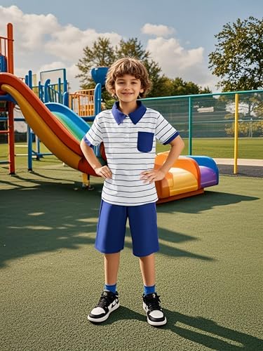 Image of Toddler Kid Boy Clothes Textured Striped Polo Collar Top Summer Shorts 2PC Summer Outfit Set