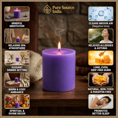 Image of Pure Source India Scented Pillar Candle (3X3 INCH) Decorative Candle for Living Room, Diwali Decor, Gifting, Spa & Meditation (Lavender)