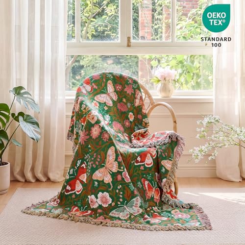 Image of MSGKV Boho Throw Blanket 50 inchx60 inch Fall Cotton Butterfly Floral Blanket
