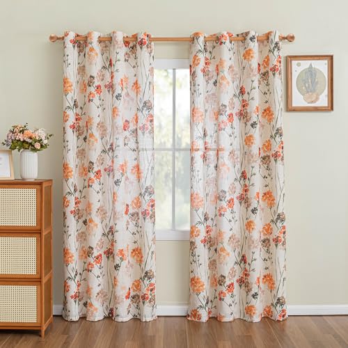 Image of MYSKY HOME Linen Floral Sheer Curtains for Living Room 84 inch Length 2 Panels Set Printed Window Curtain for Bedroom,Light Flightering & Privacy Protection Grommet Drapes,Orange, W52 Each Panel