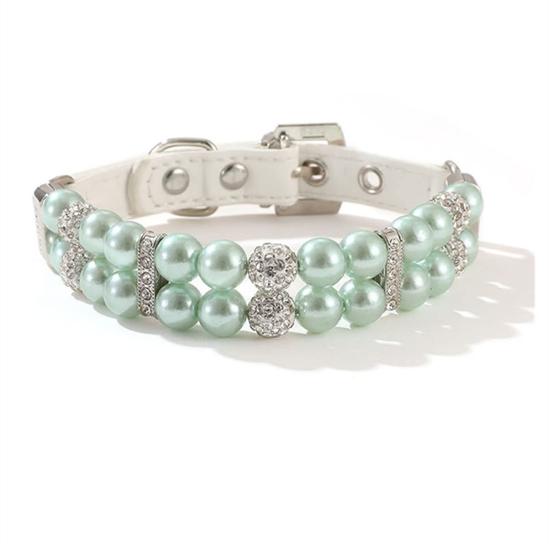 Collare per animali domestici con perla e gatto alla moda in pelle PU con strass luccicanti,collare per cani Chihuahua regolabile,collana di perle per cani,gatti,cuccioli,gattini,1.5x33cm (M, Verde)