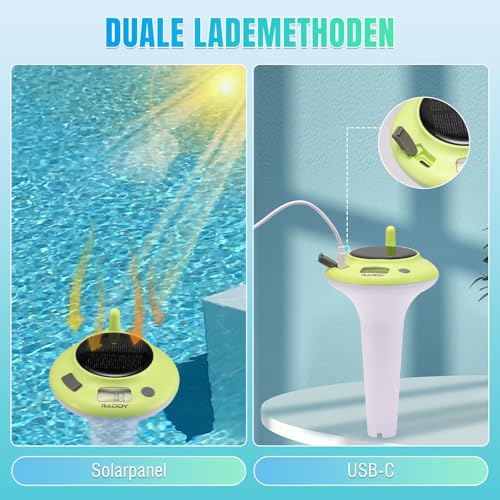 Raddy PT-5 Poolthermometer Schwimmend, Solar- und Akku-Betrieb, IPX8 wasserdicht, Leicht Ablesbar Digitales für Pool, Whirlpool, Cold Tubs, Teiche