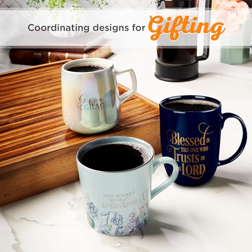 Image of Christian Art Gifts Ceramic Large Coffee & Tea Mug for Men & Women: Blessed is the One Who Trusts - Jeremiah 17:7 Inspirational Bible Verse w /Golden Accents & Sturdy Handle, Navy Blue, 15 fl. oz.