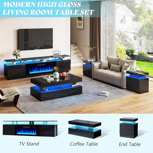 Image of AMERLIFE 80 inch High-Gloss Fireplace TV Stand with 40 inch Electric Fireplace | Black LED TV Console, Modern Living Room Entertainment Center, Fits TVs up to 90 inch, 2 Cabinets, 2-Tier Storage Space