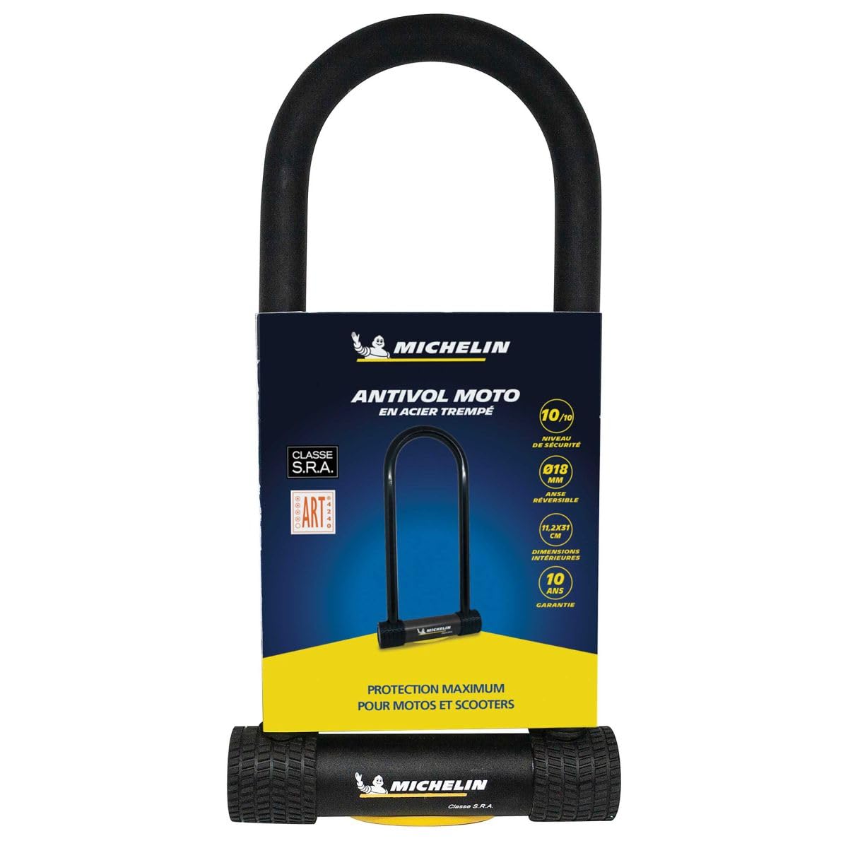 MICHELIN - Antivol U SRA 112x310 mm Ø18 mm - Sécurité 10/10 - Certifié SRA et Art - Acier trempé - Serrure à cylindres 7 disques - 3 clés fournies - Garantie 10 Ans