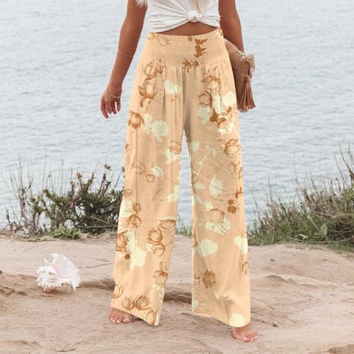 Palazzo Beach Pants for Women High Rise Summer Floral Print Pants Trendy Stretch Smocked Waist Ruched Treousers Pocket3