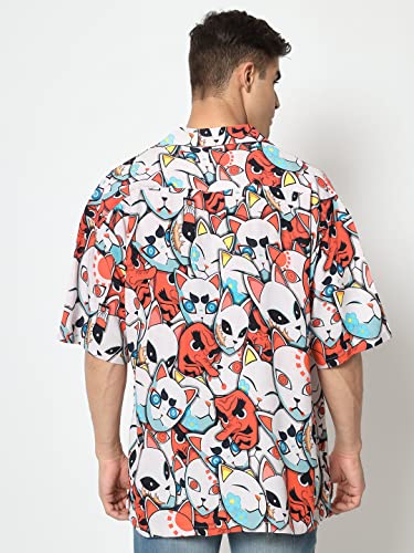 Image of ComicSense.xyz Unisex Anime Shirts for Men & Women, Kitsune Mask Printed Kimono Fit Hawaiian Shirts
