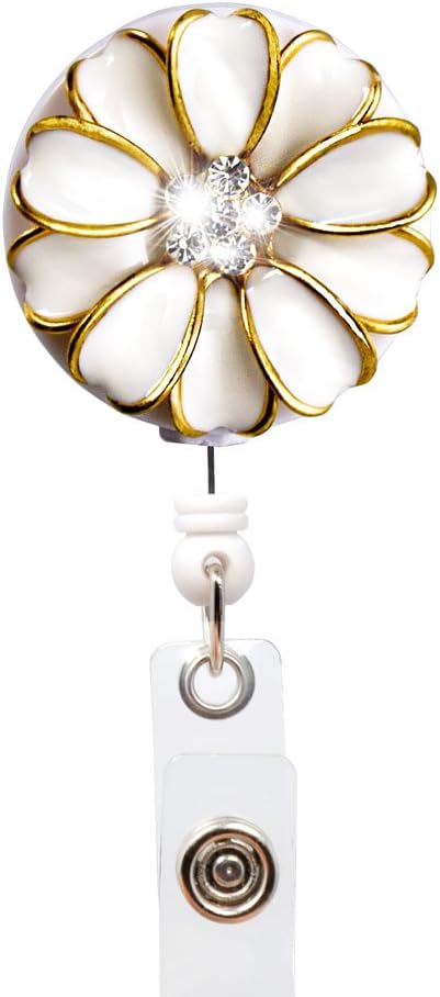 Qinsuee Bling Rhinestones Camellia Retractable Badge Reel Holder, Retractable ID Holder Clip, Alligator Swivel Clip, 24 inch Retractable Cord (White)