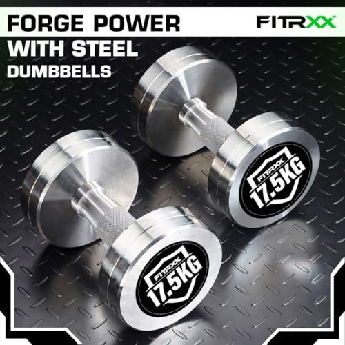 Image of Fitrxx Pair of chrome plated steel Fixed Weight Dumbbells - Gym equipment for home workout | Fitness Gym Dumbbell set for Muscles | stainless steel dumbles set | Dumbell Weights for Workout (Silver, 17.5 Kg Pair)