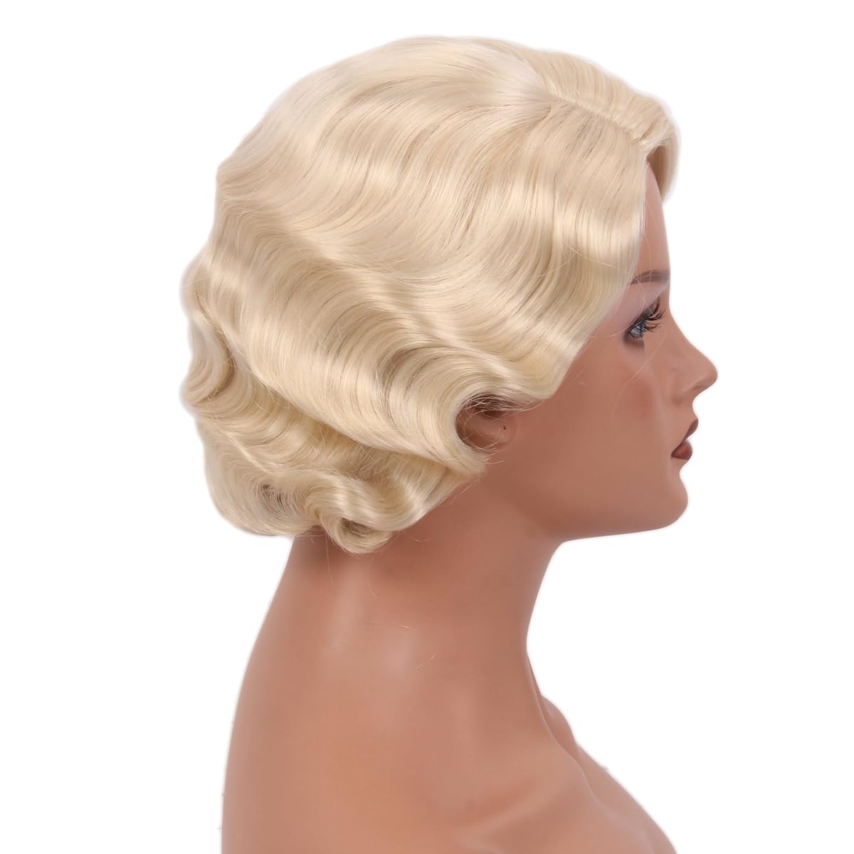 STfantasy Short Blonde 20S Flapper Wig with Headband+ Necklace+Earrings+Gloves Flapper Wave Curly Synthetic Hair for Women 1920s Cosplay Costume Halloween Party Daily Everyday Wear