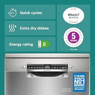 Bosch SMS4EMI06G Series 4, Free-Standing Dishwasher, B Energy Rated, 60 cm, 14 Place Settings, 9 Litre, ExtraDry, Silence Plus 42dB Quiet,Rackmatic Adjustable Basket, Silver Inox