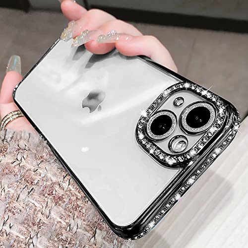 Tybiky Coque iPhone 15, Silicone Bling Strass Résistant aux Rayures Coque de Protection pour Filles Transparent Antichoc Bumper Coque pour iPhone 15, Noir