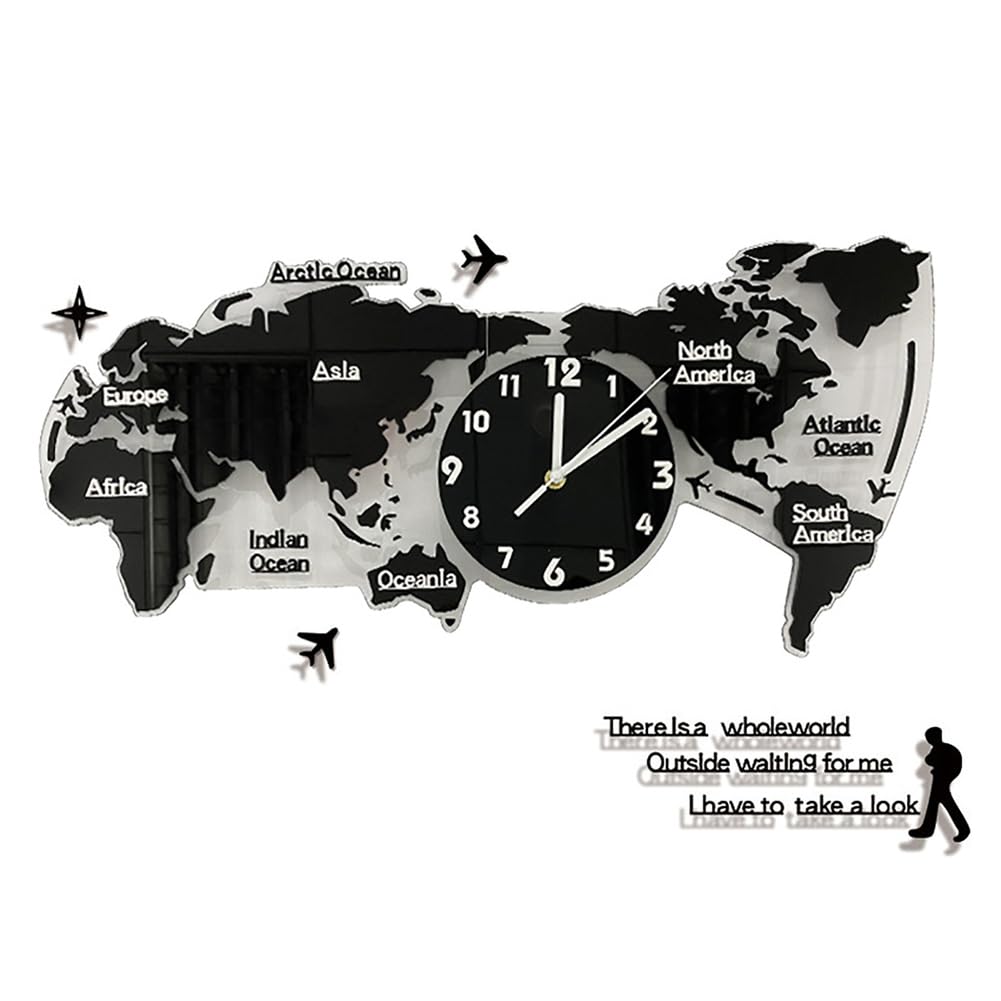 NNYCC Large World Map Wall Clock 100cm,Modern Acrylic Hanging Silent Clock Art Wall Decor for Living Room Bedroom Home Office,Black,S
