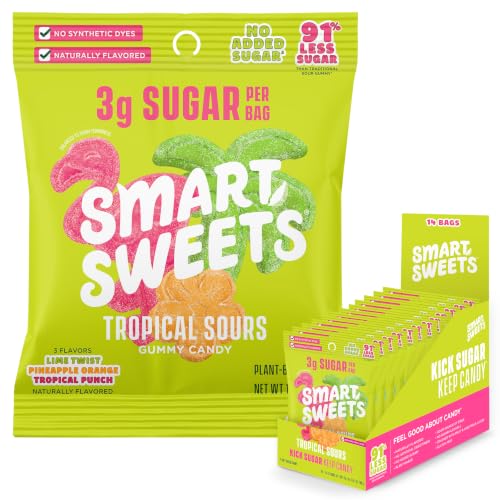 Image of SmartSweets Tropical Sours, Low Sugar Sour Gummy Candy, 1.8oz Bags, 14 Pack